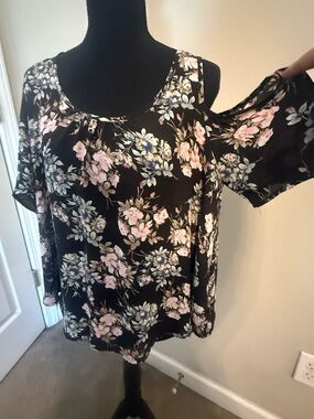 Lush Black Floral Cold-Shoulder Blouse with Pink and Green Accents